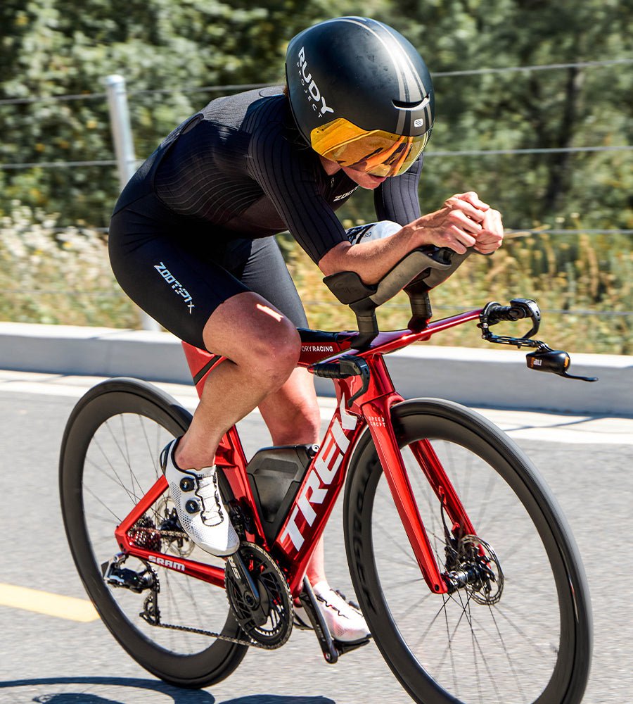 Female riding aero in the fastest racesuit, the all new P1x